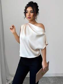 Chiquease Women's Satin Pleated Asymmetric Shoulder Blouse, Elegant And Relaxed Style For Banquet, Commute, Casual Wear, Spring/Summer French Style One Shoulder Shirt One Shoulder Top One Sleeve Top Off Shoulder Shirts Draped Top Off Shoulder Blouse - Apricot - View 3