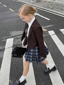 青少年女孩休闲单扣夹克，适合返校季 - 棕色 - 查看 2