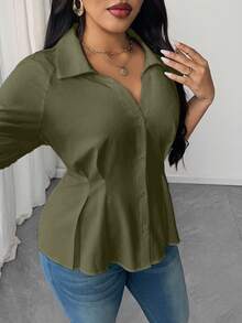SHEIN Clasi Blusa elegante de talla grande con cuello y cintura fruncida de unicolor - Verde - Ver 6