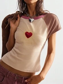 Bohemela 女式休闲针织拼色露背短袖T恤 - 杏色 - 查看 1