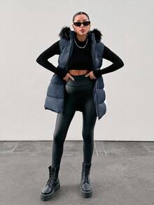 EURMUSE Fuzzy Trim Hooded Puffer Vest Coat - Dusty Blue - View 9