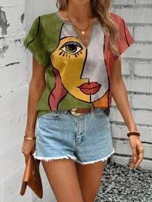 Sylviya Casual Full Print Portrait Pattern Women V-Neck Shirt, Suitable For Summer,Short Sleeve Tops Suitable For Going Out Chic Blouses For Women
