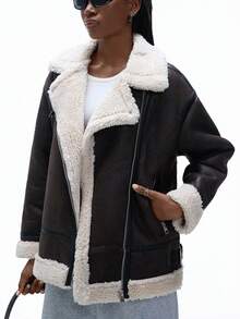 GENKIRA Nouvelle veste de moto en fausse fourrure Maillard pour femmes, manteau en peau de mouton, vêtements d'hiver - Noir - Voir 3