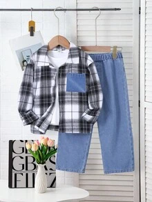 SHEIN 两件套小男孩格子衬衫和牛仔裤套装 - 藍色 - 查看 1