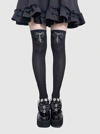 ROMWE Anime 1双哥特朋克蕾丝蝴蝶结黑色高筒袜，Y2K剑，爱心，蛇纹元素过膝袜