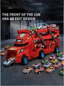 Foldable Stunt Launcher Car Toy - Inertia Powered Construction Truck With 8 Random Mini Vehicles, Gift For Boys Girls Age 3-6 Years Old