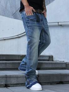 Manfinity EMRG Avant-Garde Men's Medium Wash Wide Leg Denim Jeans With Zipper Detail Long Plain Pattern For Casual Wear - Medium Wash - View 6