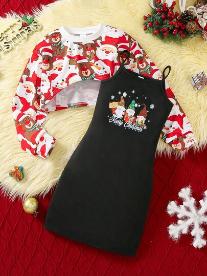 2pcs/Set Big Girls Christmas Graphic Sweatshirt & Fitted Black Camisole Dress, Suitable For Christmas Occasions, Fit For 8-12 Years Old Girls