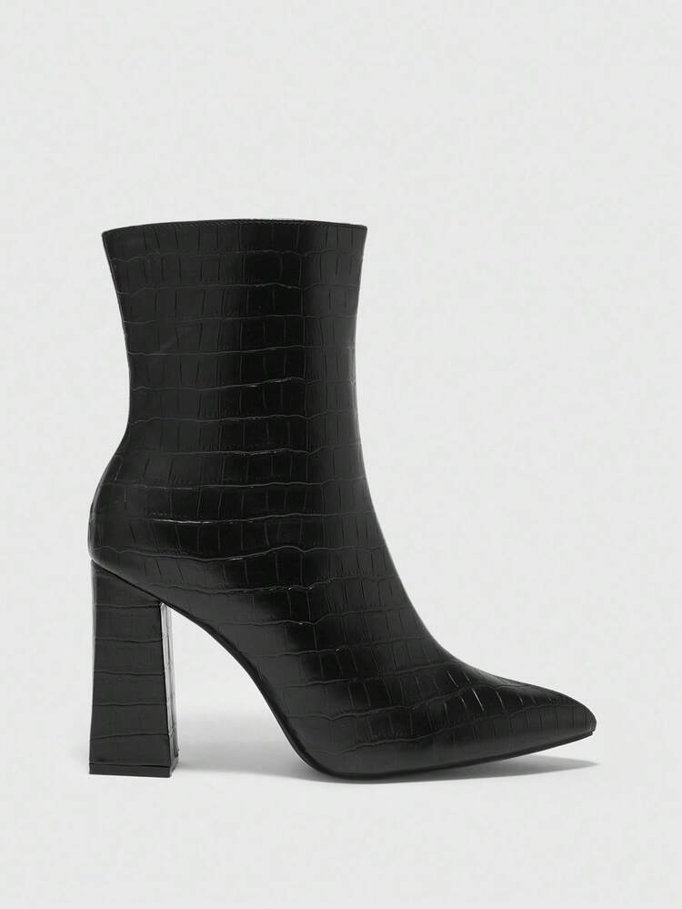 CUCCOO BIZCHIC Bottes mi-mollet de haute qualité à motif crocodile marron, bottes pour femmes à bout pointu et talon épais élégantes, bottes longues polyvalentes de nouveau style, mettant en valeur le charme féminin et l'élégance