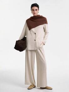 SHEIN LUNE Casual Minimalist Linen Long Sleeve V-Neck Loose Straight Striped Textured Fabric Women's Suit Set, Autumn/Winter - Khaki - View 2