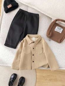Bộ 2 áo sơ mi dài tay có cổ, áo khoác và quần dài bằng vải kaki trơn màu thường ngày cho bé trai, thích hợp cho tiệc sinh nhật, tiệc rave, tiệc tối, biểu diễn, đám cưới, tiệc mừng em bé và tiệc mừng sinh nhật lần thứ 1 - Nhiều màu - Xem 6