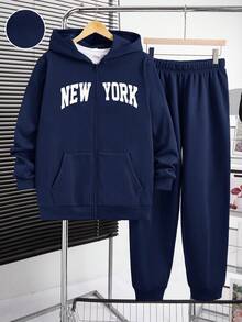 SHEIN 2pcs/Set Teen Boys Casual Loose Fit Solid Color Hoodie With Pocket & Printed Design + Solid Color Knit Sweatpants, Comfortable Outfit For Outings, Suitable For Autumn/Winter,Winter Set,Winter Clothing,Fall Outfits,Fall Clothing,All Clothes For Kids - Navy Blue - View 7