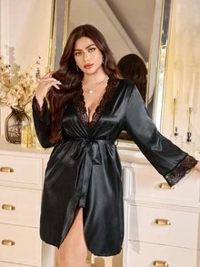 LuxeNights Plus Size Women's Exquisite Contrast Lace Floral Design Nightgown, Fall, Winter