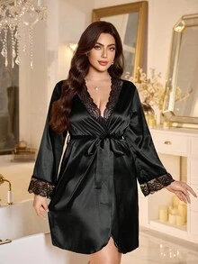 LuxeNights Plus Size Women's Exquisite Contrast Lace Floral Design Nightgown, Fall, Winter