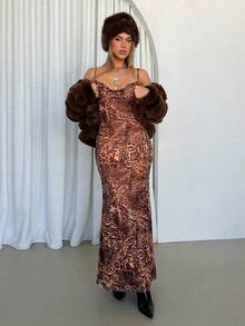 SHEIN EZwear 女式豹纹针织深 V 领紧身长款吊带裙 - 彩色 - 查看 5