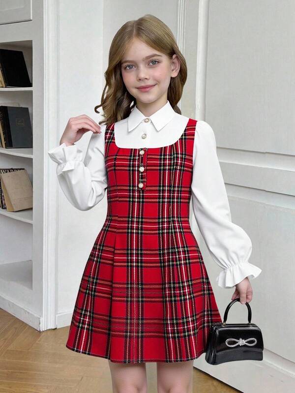 Serisse Kids Vestido vermelho de Natal para meninas adolescentes, vintage, xadrez francês, com babados, adequado para Natal, festas, uso casual, outono/inverno