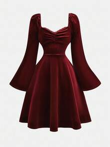 Girlism Tween Girls Sweetheart Neckline Ruffle Bust Pleated Flare Sleeve Velvet Autumn Dress, Winter, Y2K, Red - Burgundy - View 5