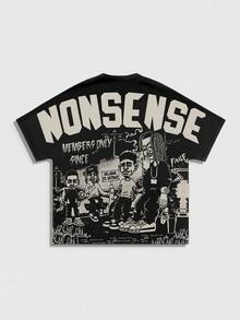 ROMWE MEN Street Life Spring/Summer Casual Graphic 1Pc Men'S Street Figure Batwing Short Sleeve Crew Neck Casual T-Shirt, Halloween, 2000S Style - Black - View 3