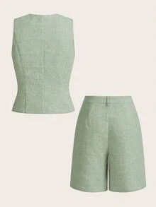 Ellevyn Women's Minimalist Front Button Vest And Shorts Set, Office/Commute Style, Summer - Green - View 10