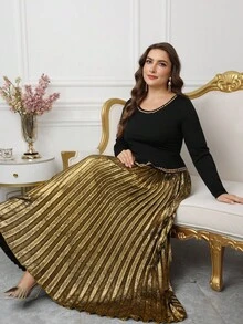 Modelyn تنورة مزينة بالترتر الذهبي مع ملابس علوية سوداء، طقم فاخر وأنيق بطراز الحفلات الراقية والرومانسية، موديل مخصص للمقاسات الكبيرة، قطعتان - الأسود - مشاهدة 7