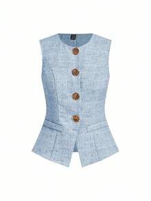 Ellevyn Women's Round Neck Sleeveless Plaid Metal Button Faux Pocket Linen-Like Wide Leg Pants Elegant Suit Set For Daily Wear And Commuting