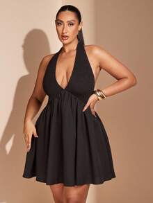 SHEIN BAE Plus Size Black Woven Drawstring Waist A-Line Backless Dress,Women Elegant Formal Evening Summer Sundress,Night Out Club Birthday Wedding Guest Outfit - Black - View 7