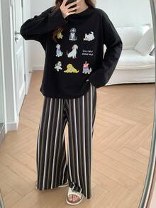 DAZY 狗狗印花宽松 T 恤上衣和条纹睡裤女士睡衣套装，秋季服装 - 黑色 - 查看 5