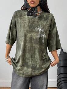 Coolane Women's All-Season Concert Rave Streetwear Vintage Concert Music Festival Y2K Diamond Pattern Sparkly Long Tees - Army Green - View 6