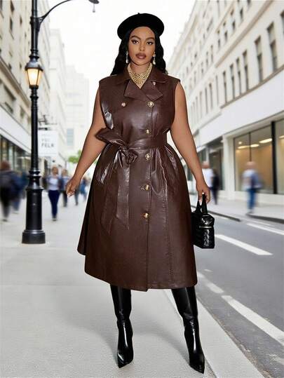 Veslaya Plus Size Fashionable Commuter Solid Color Double-Breasted Sleeveless Windbreaker In Fall/Winter