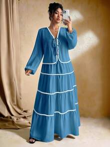 SHEIN Tall 加大码女式编织纹理长袖开衫，搭配系带腰带，撞色荷叶边下摆设计，松紧腰长裙，法式优雅浪漫两件套 - 霧霾藍 - 查看 1