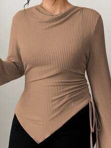 Elenzga Plus Size Women's Soft Brushed Apricot Long Sleeve T-Shirt, Asymmetrical Hem, Suitable For Commuting And Dating, Autumn/Winter - Khaki - View 4
