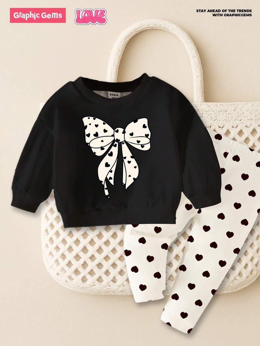 SHEIN 女婴蝴蝶结印花圆领卫衣和心形圆点印花针织打底裤套装，秋冬 - 彩色 - 查看 1