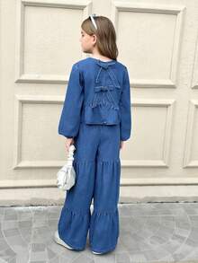 Serisse Kids 2 件/套青少年女孩纯色水洗休闲优雅牛仔圆领长袖蝴蝶结露背宽松上衣和阔腿裤，背心和裤子牛仔两件套，Ted 口袋，休闲学院风舒适时尚简约实用百搭柔软面料，女孩秋冬装返校返校装，秋季服装，街头服饰，哥特裤，宽松牛仔裤 - 中等水洗藍 - 查看 2