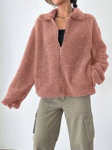 EURMUSE Women Casual Versatile Solid Color Fluffy Regular Jacket - Baby Pink - View 4