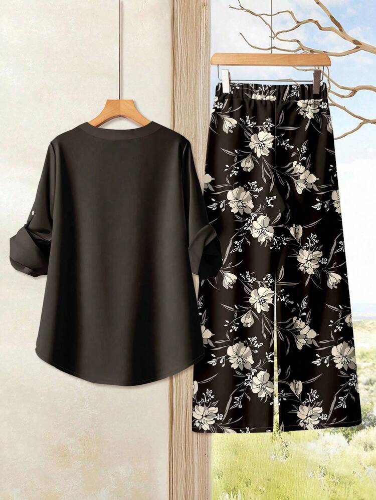 Women's Solid Color Minimalist Daily Long Sleeve Top & Printed Pants 2 Pieces Set