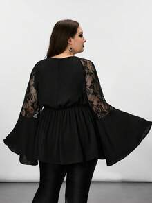 SHEIN CURVE+ Plus-Size Women's Black Long-Sleeved Lace-Spliced Solid-Color Top, Black Shirt/Autumn /Winter Halloween - Black - View 2