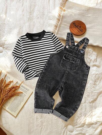 SHEIN Vintaside Kids Baby Boys Autumn/Winter New 2-Piece Set: Striped Long Sleeve T-Shirt + Denim Bib Pants, Casual Vintage Chic Outfit, Fashionable Infant Clothing For Outings And Back To School Fall