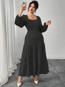 Modelyn Plus Size Women Knitted Long Sleeve Split Square Neck Frill Trim Dress - Black - View 3