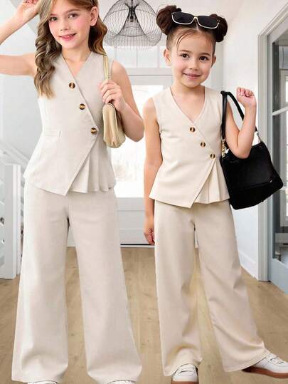 Elladie kids Girls 2-Piece Set: Button V-Neck Sleeveless Top And Elastic Waist Pants, Suitable For Daily Wear, Outdoor Play, Travel, School, Spring/Summer Vacation And Casual Summer