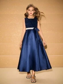 Vestido elegante de niña con lazo de lentejuelas de satén para Navidad, fiesta, boda y ocasiones formales - Azul - Ver 6