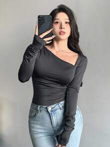 DAZY 女式不对称领口长袖褶皱柔软浪漫修身不对称领口休闲时尚 T 恤，简约 T 恤 - 灰色 - 查看 8
