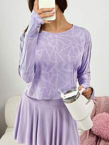 Sovereign Charm 休闲百搭全印花圆领长袖瑜伽健身T恤 - 紫色 - 查看 3