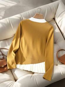 GlowEve 女士时尚休闲拼色纽扣缀饰长袖毛衣 - 黃色 - 查看 2