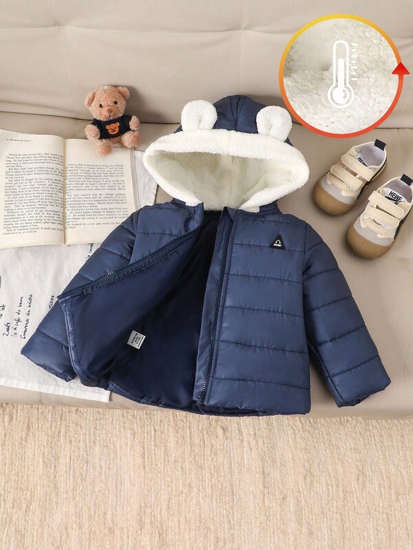 SHEIN Chaqueta casual holgada con capucha y decoración de orejas linda en azul para bebé niño, adecuada para exteriores, hogar, deportes y fiestas en invierno