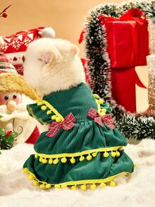 PETSIN 1pc Pet Christmas Green Corduroy Ruffled Bow Pom-Pom Decorated Cute Dress - Green - View 5