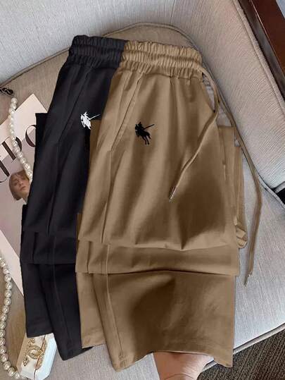 INAWLY Nuevos pantalones rectos casuales y versátiles de color negro y blanco con bordado de caballo perezoso para mujeres
