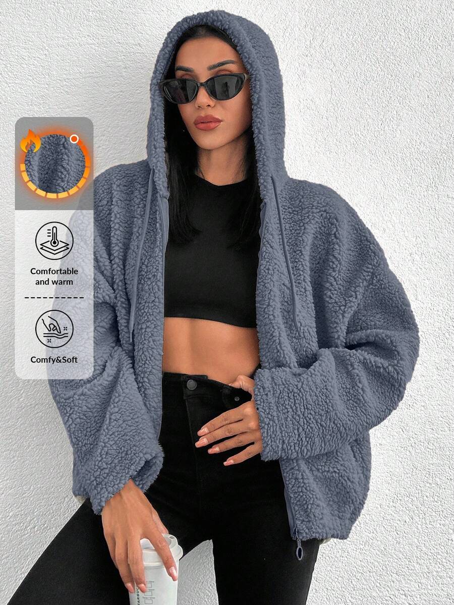 EURMUSE 100%Cotton Zip Up Drop Shoulder Hooded Teddy Jacket Fleece - Blue - View 1