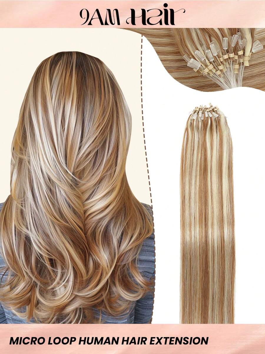 50 股微环接发真人发 P6/613# 渐变棕色至漂白金色微珠接发超顺滑超柔软丝滑直发微环健康人发接发适合女性