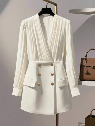 GlowEve 女士春夏时尚优雅无袖 V 领褶皱腰金属纽扣装饰口袋 A 字迷你连衣裙