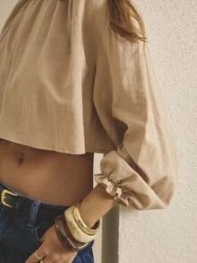 Aralina 女士时尚优雅秋冬休闲Y2K超大荷叶边圆领长袖短款纽扣上衣，非常适合外出和万圣节穿着 - 黃色 - 查看 9